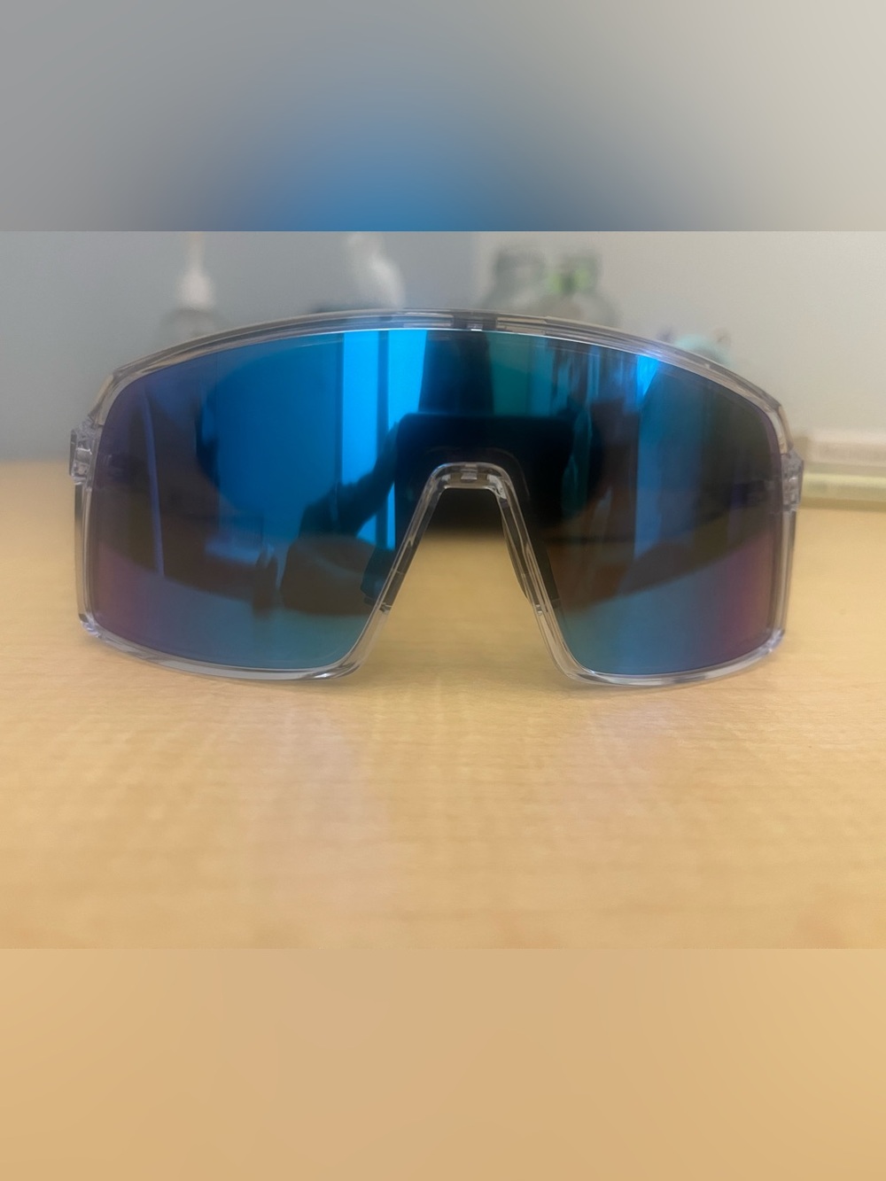 Oakley Clear Frame Blue Mirrored Shield Sunglasses - Polarized Look